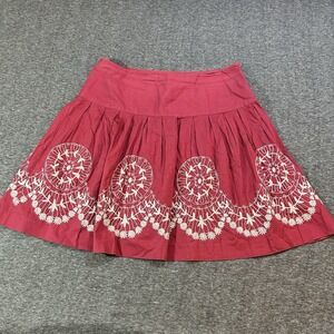 Work To Weekend Red Embroidered Cotton Pleated Skirt 14 Boho A-Line Mid-Length